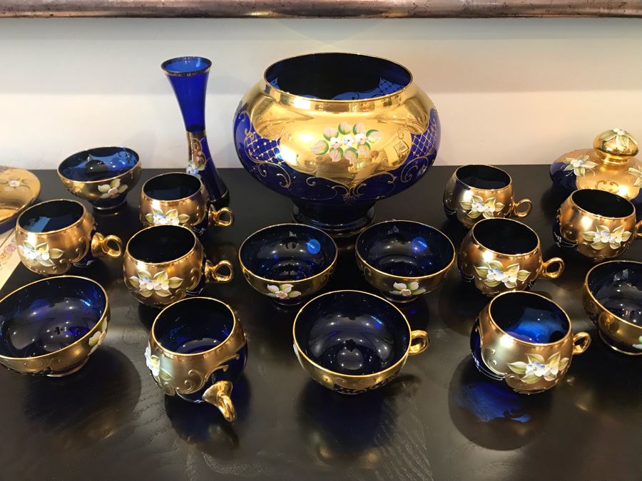 Stunning Vintage Mazzega Murano Cobalt Blue And Gold Hand Crafted Punch Bowl With Extra Lid, 8 Punch Bowl Cups, 6 Coffee Cups With Original Murano Stickers, Vase, Sugar Bowl, With Certificate Of Authenticity [Photo 34]