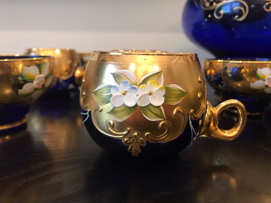 Stunning Vintage Mazzega Murano Cobalt Blue And Gold Hand Crafted Punch Bowl With Extra Lid, 8 Punch Bowl Cups, 6 Coffee Cups With Original Murano Stickers, Vase, Sugar Bowl, With Certificate Of Authenticity [Photo 10]