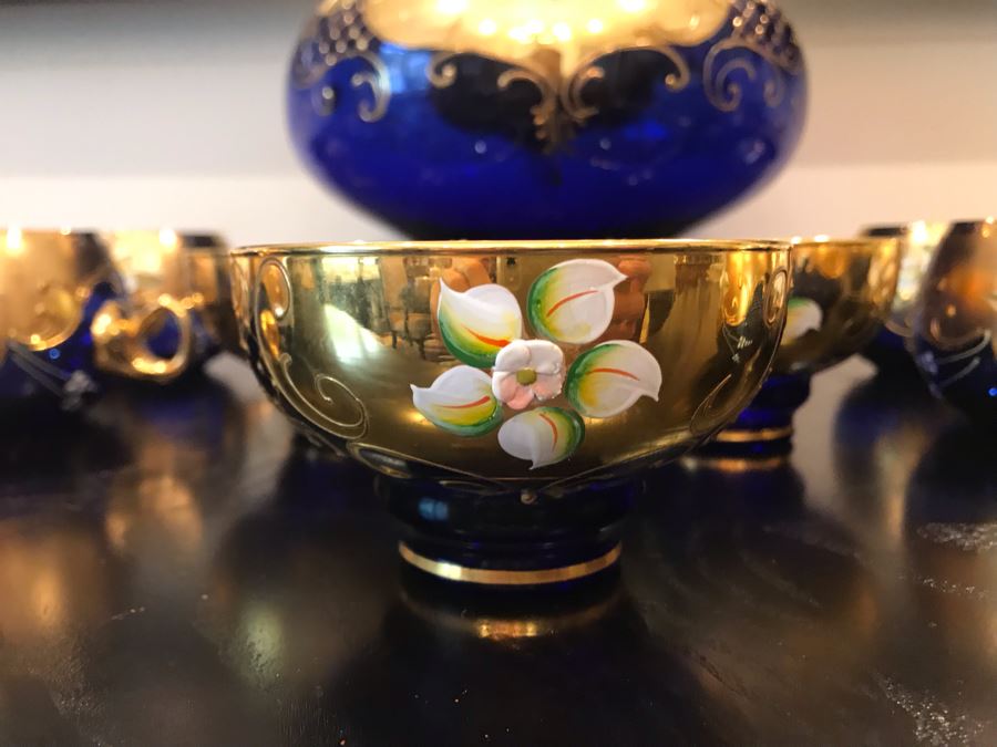 Stunning Vintage Mazzega Murano Cobalt Blue And Gold Hand Crafted Punch Bowl With Extra Lid, 8 Punch Bowl Cups, 6 Coffee Cups With Original Murano Stickers, Vase, Sugar Bowl, With Certificate Of Authenticity [Photo 6]