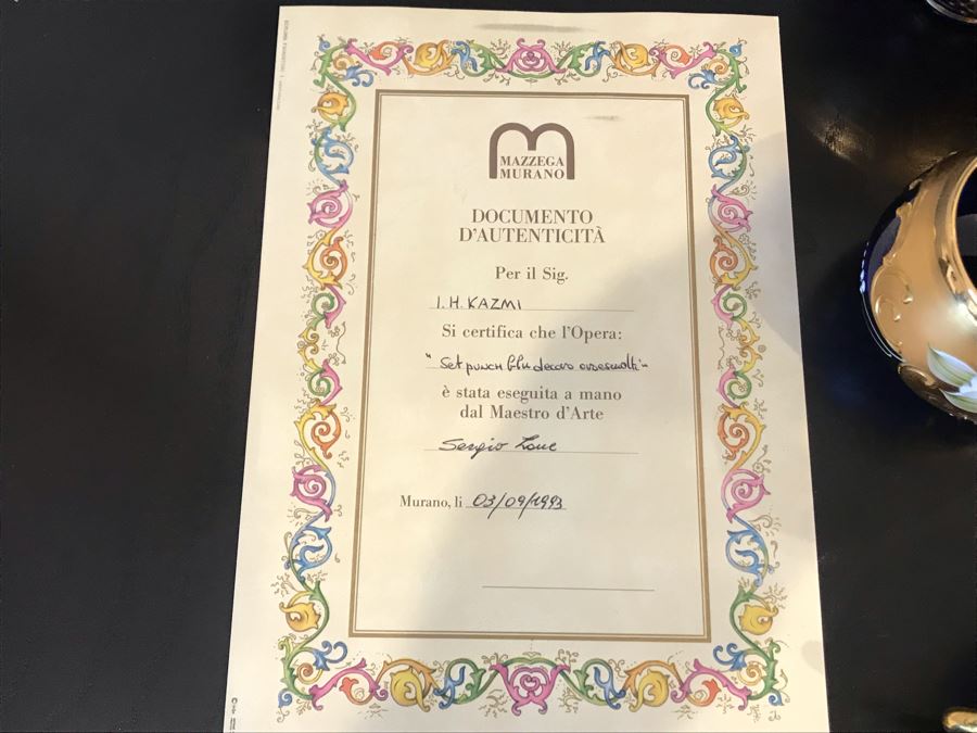 Stunning Vintage Mazzega Murano Cobalt Blue And Gold Hand Crafted Punch Bowl With Extra Lid, 8 Punch Bowl Cups, 6 Coffee Cups With Original Murano Stickers, Vase, Sugar Bowl, With Certificate Of Authenticity [Photo 2]