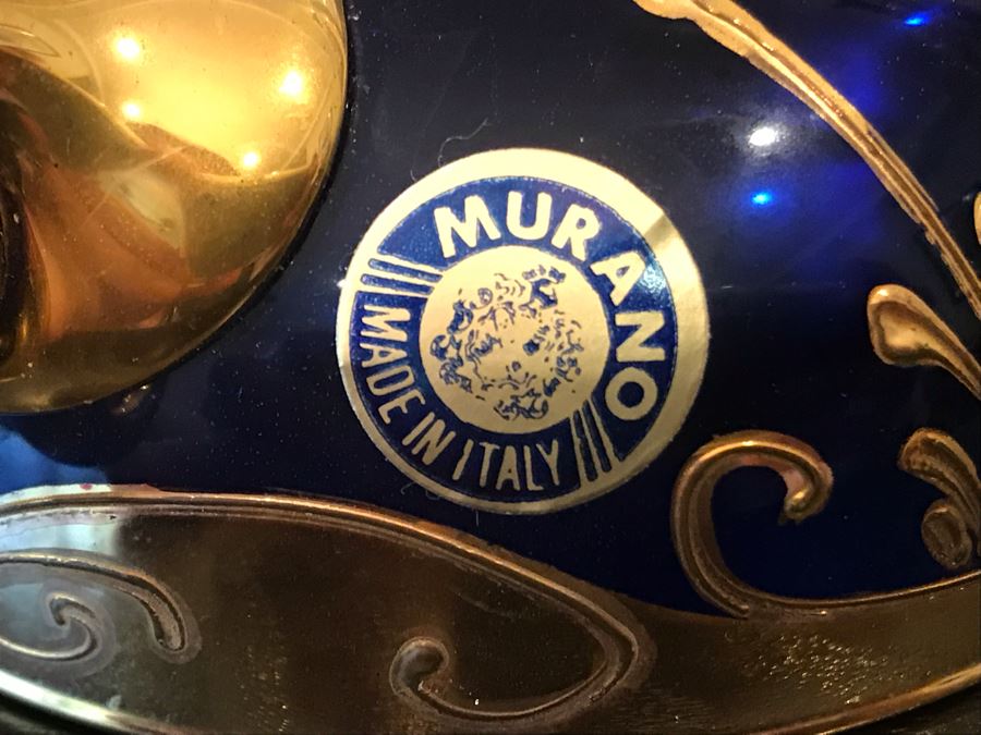 Stunning Vintage Mazzega Murano Cobalt Blue And Gold Hand Crafted Punch Bowl With Extra Lid, 8 Punch Bowl Cups, 6 Coffee Cups With Original Murano Stickers, Vase, Sugar Bowl, With Certificate Of Authenticity [Photo 16]