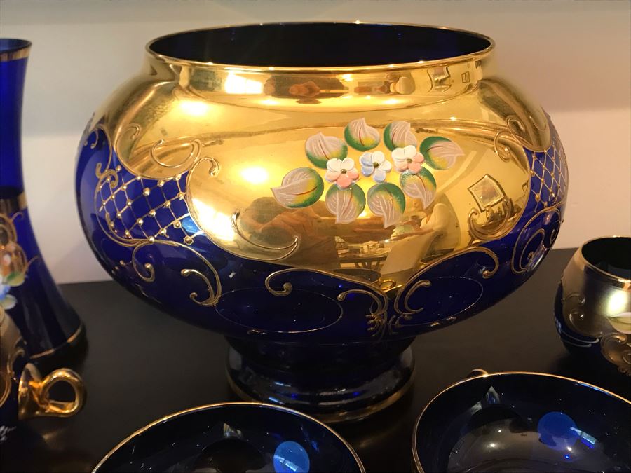 Stunning Vintage Mazzega Murano Cobalt Blue And Gold Hand Crafted Punch Bowl With Extra Lid, 8 Punch Bowl Cups, 6 Coffee Cups With Original Murano Stickers, Vase, Sugar Bowl, With Certificate Of Authenticity [Photo 28]