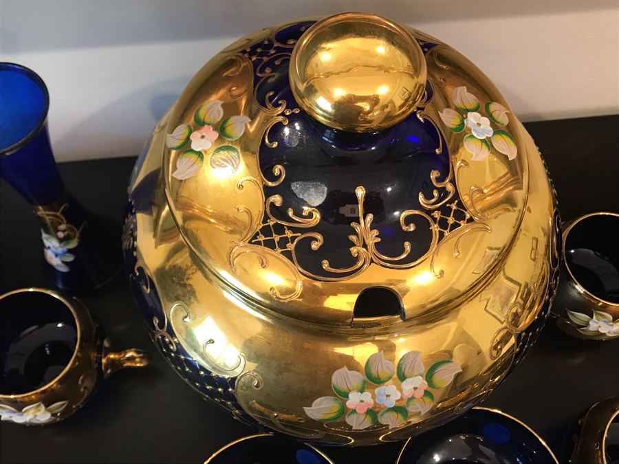 Stunning Vintage Mazzega Murano Cobalt Blue And Gold Hand Crafted Punch Bowl With Extra Lid, 8 Punch Bowl Cups, 6 Coffee Cups With Original Murano Stickers, Vase, Sugar Bowl, With Certificate Of Authenticity [Photo 25]