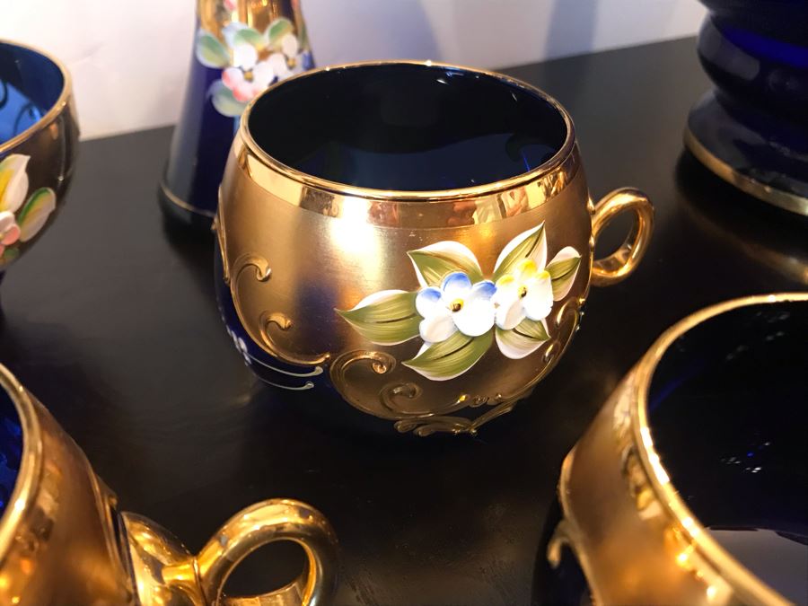 Stunning Vintage Mazzega Murano Cobalt Blue And Gold Hand Crafted Punch Bowl With Extra Lid, 8 Punch Bowl Cups, 6 Coffee Cups With Original Murano Stickers, Vase, Sugar Bowl, With Certificate Of Authenticity [Photo 24]