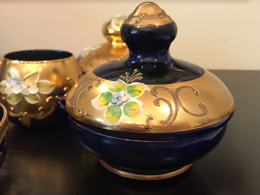 Stunning Vintage Mazzega Murano Cobalt Blue And Gold Hand Crafted Punch Bowl With Extra Lid, 8 Punch Bowl Cups, 6 Coffee Cups With Original Murano Stickers, Vase, Sugar Bowl, With Certificate Of Authenticity [Photo 30]