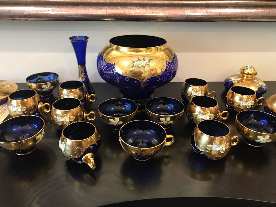 Stunning Vintage Mazzega Murano Cobalt Blue And Gold Hand Crafted Punch Bowl With Extra Lid, 8 Punch Bowl Cups, 6 Coffee Cups With Original Murano Stickers, Vase, Sugar Bowl, With Certificate Of Authenticity [Photo 35]