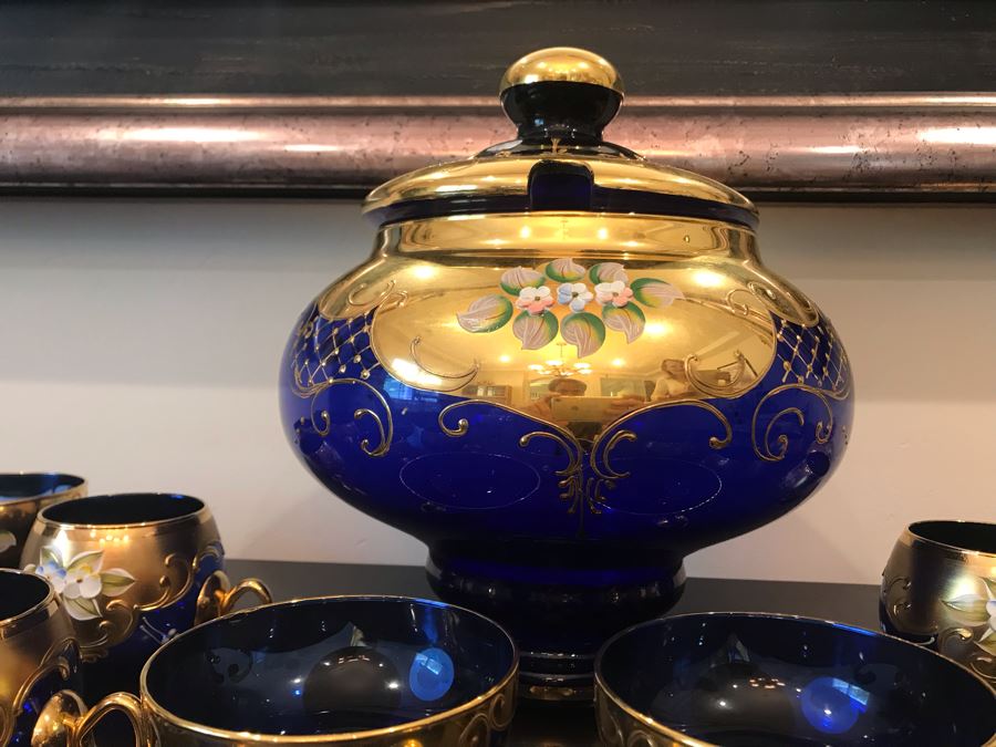 Stunning Vintage Mazzega Murano Cobalt Blue And Gold Hand Crafted Punch Bowl With Extra Lid, 8 Punch Bowl Cups, 6 Coffee Cups With Original Murano Stickers, Vase, Sugar Bowl, With Certificate Of Authenticity [Photo 5]