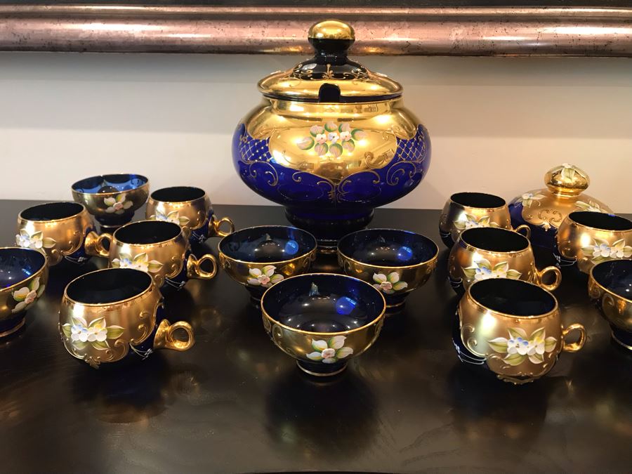 Stunning Vintage Mazzega Murano Cobalt Blue And Gold Hand Crafted Punch Bowl With Extra Lid, 8 Punch Bowl Cups, 6 Coffee Cups With Original Murano Stickers, Vase, Sugar Bowl, With Certificate Of Authenticity [Photo 1]