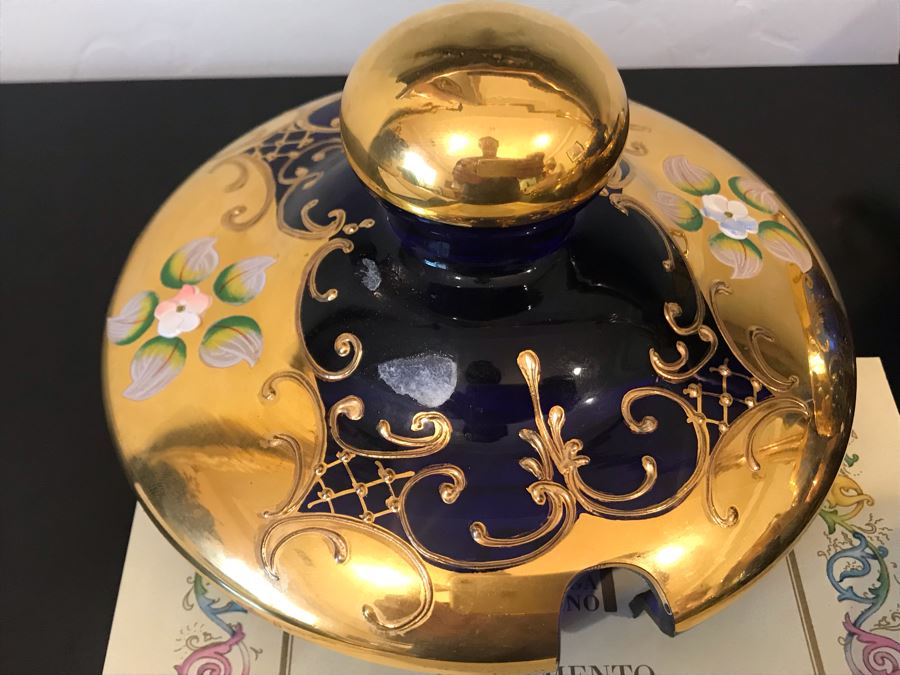 Stunning Vintage Mazzega Murano Cobalt Blue And Gold Hand Crafted Punch Bowl With Extra Lid, 8 Punch Bowl Cups, 6 Coffee Cups With Original Murano Stickers, Vase, Sugar Bowl, With Certificate Of Authenticity [Photo 26]