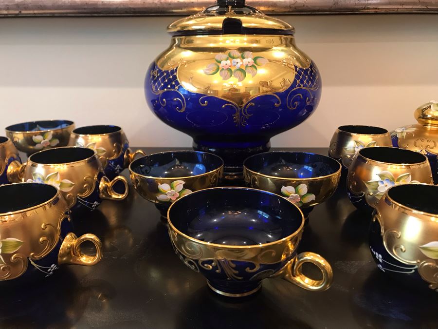 Stunning Vintage Mazzega Murano Cobalt Blue And Gold Hand Crafted Punch Bowl With Extra Lid, 8 Punch Bowl Cups, 6 Coffee Cups With Original Murano Stickers, Vase, Sugar Bowl, With Certificate Of Authenticity [Photo 9]