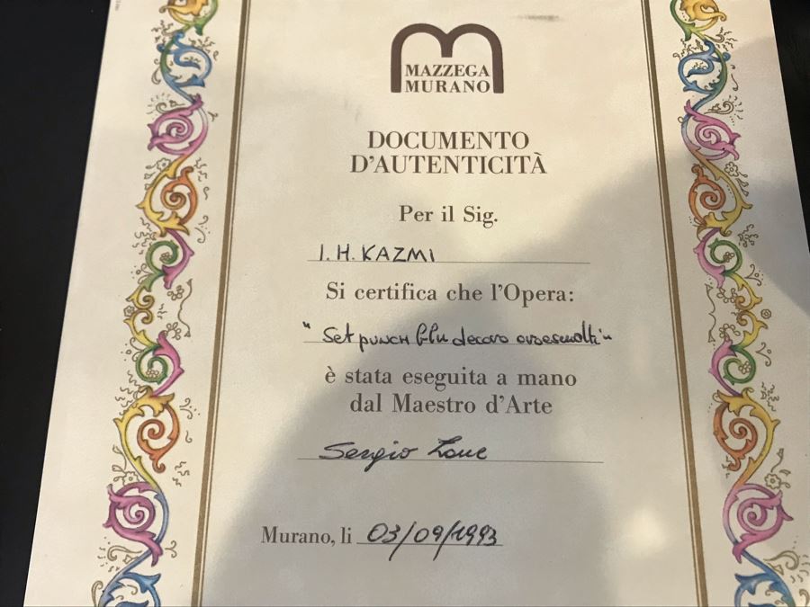 Stunning Vintage Mazzega Murano Cobalt Blue And Gold Hand Crafted Punch Bowl With Extra Lid, 8 Punch Bowl Cups, 6 Coffee Cups With Original Murano Stickers, Vase, Sugar Bowl, With Certificate Of Authenticity [Photo 19]