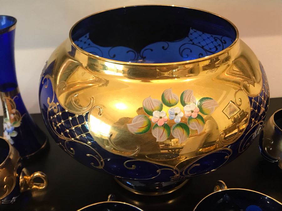 Stunning Vintage Mazzega Murano Cobalt Blue And Gold Hand Crafted Punch Bowl With Extra Lid, 8 Punch Bowl Cups, 6 Coffee Cups With Original Murano Stickers, Vase, Sugar Bowl, With Certificate Of Authenticity [Photo 27]