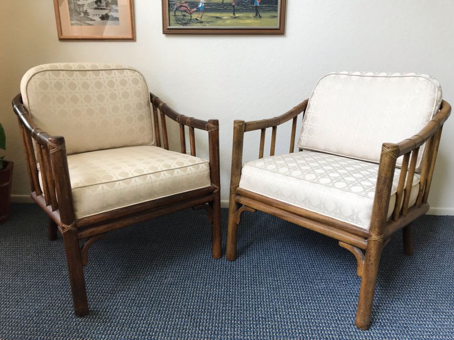Pair Of Mid-Century Rattan Hollywood Regency Armchairs By Chaircraft Incorporated