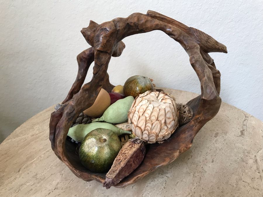 Unusual Wooden Basket Carved From Tree Trunk With Bird Perched On ...