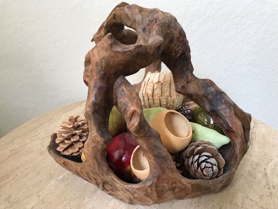 Unusual Wooden Basket Carved From Tree Trunk With Bird Perched On Handle And Faux Fruit And Decorations [Photo 9]