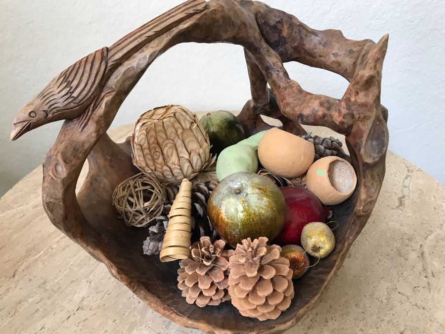 Unusual Wooden Basket Carved From Tree Trunk With Bird Perched On Handle And Faux Fruit And Decorations [Photo 10]