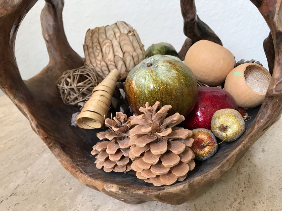 Unusual Wooden Basket Carved From Tree Trunk With Bird Perched On Handle And Faux Fruit And Decorations [Photo 6]