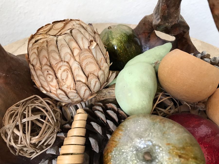Unusual Wooden Basket Carved From Tree Trunk With Bird Perched On Handle And Faux Fruit And Decorations [Photo 8]