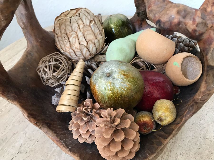 Unusual Wooden Basket Carved From Tree Trunk With Bird Perched On Handle And Faux Fruit And Decorations [Photo 7]