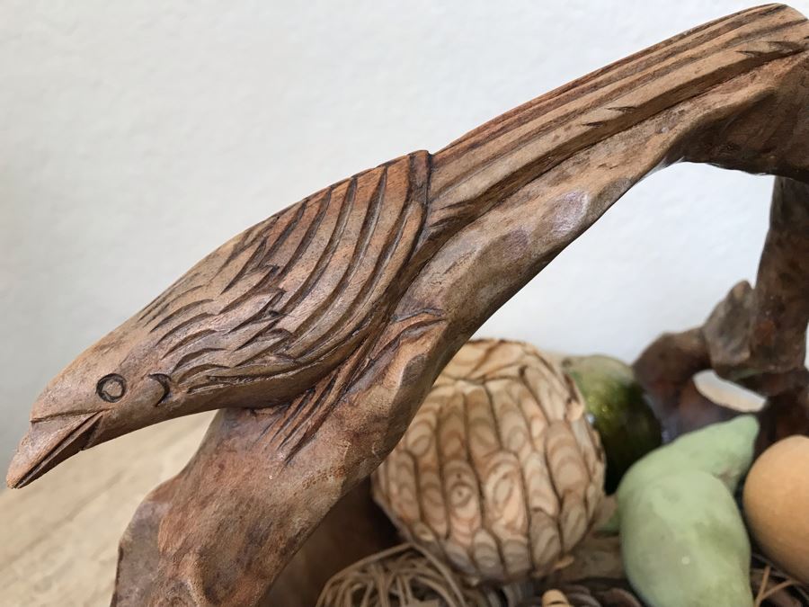 Unusual Wooden Basket Carved From Tree Trunk With Bird Perched On Handle And Faux Fruit And Decorations [Photo 5]