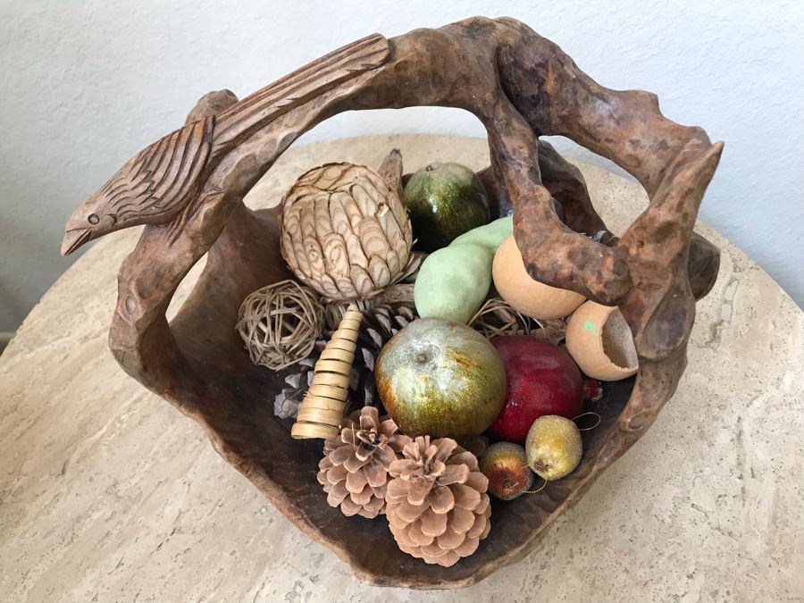 Unusual Wooden Basket Carved From Tree Trunk With Bird Perched On Handle And Faux Fruit And Decorations [Photo 2]