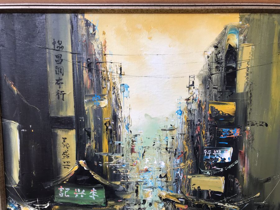 Original MidCentury Oil Painting Hong Kong City Scene