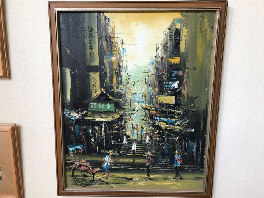 Original Mid-Century Oil Painting Hong Kong City Scene