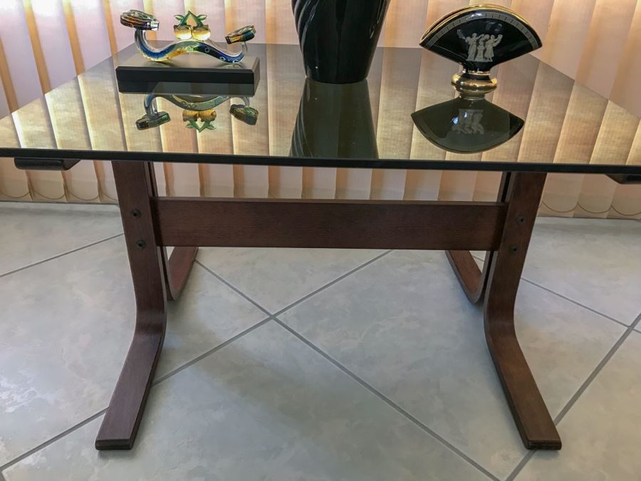 Mid-Century Modern Bent Wood Base Side Table With Glass Top