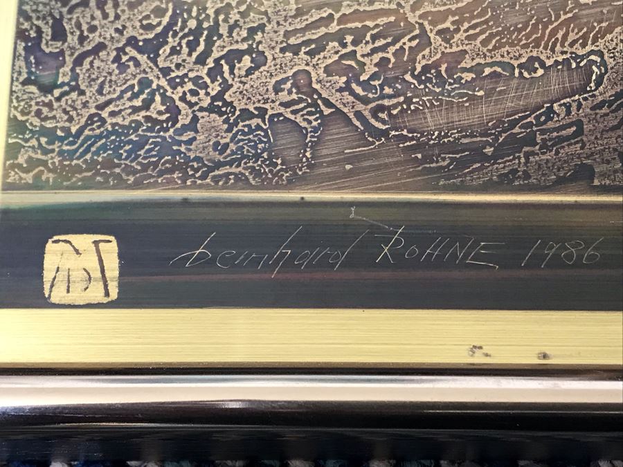 Vintage 1986 Bero Metallic Design Etching By Bernhard Rohne Titled 'Pump Jack' North Vancouver, B.C. Signed Bernhard Rohne 1986 With Brass Plate Titled Calgary 1976-1986 (Client Was In Oil Business) 11.5'W X 15.5'H [Photo 7]