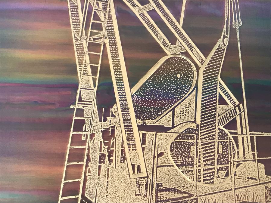 Vintage 1986 Bero Metallic Design Etching By Bernhard Rohne Titled 'Pump Jack' North Vancouver, B.C. Signed Bernhard Rohne 1986 With Brass Plate Titled Calgary 1976-1986 (Client Was In Oil Business) 11.5'W X 15.5'H [Photo 13]