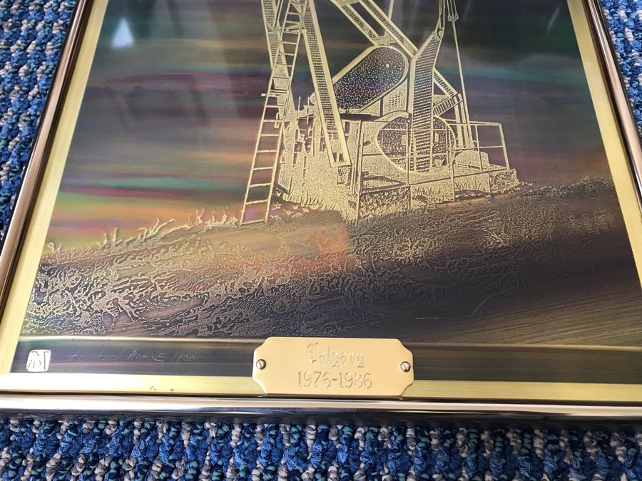 Vintage 1986 Bero Metallic Design Etching By Bernhard Rohne Titled 'Pump Jack' North Vancouver, B.C. Signed Bernhard Rohne 1986 With Brass Plate Titled Calgary 1976-1986 (Client Was In Oil Business) 11.5'W X 15.5'H [Photo 4]