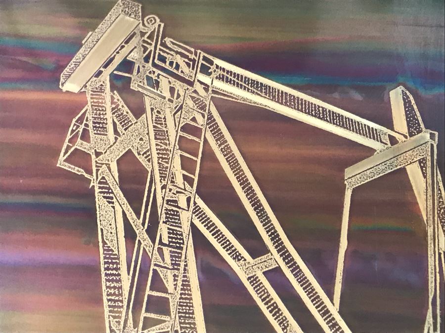 Vintage 1986 Bero Metallic Design Etching By Bernhard Rohne Titled 'Pump Jack' North Vancouver, B.C. Signed Bernhard Rohne 1986 With Brass Plate Titled Calgary 1976-1986 (Client Was In Oil Business) 11.5'W X 15.5'H [Photo 12]