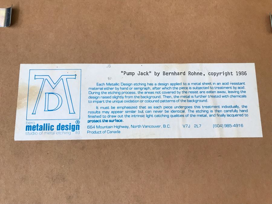 Vintage 1986 Bero Metallic Design Etching By Bernhard Rohne Titled 'Pump Jack' North Vancouver, B.C. Signed Bernhard Rohne 1986 With Brass Plate Titled Calgary 1976-1986 (Client Was In Oil Business) 11.5'W X 15.5'H [Photo 16]