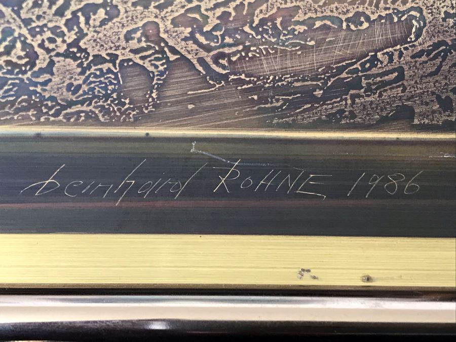 Vintage 1986 Bero Metallic Design Etching By Bernhard Rohne Titled 'Pump Jack' North Vancouver, B.C. Signed Bernhard Rohne 1986 With Brass Plate Titled Calgary 1976-1986 (Client Was In Oil Business) 11.5'W X 15.5'H [Photo 9]