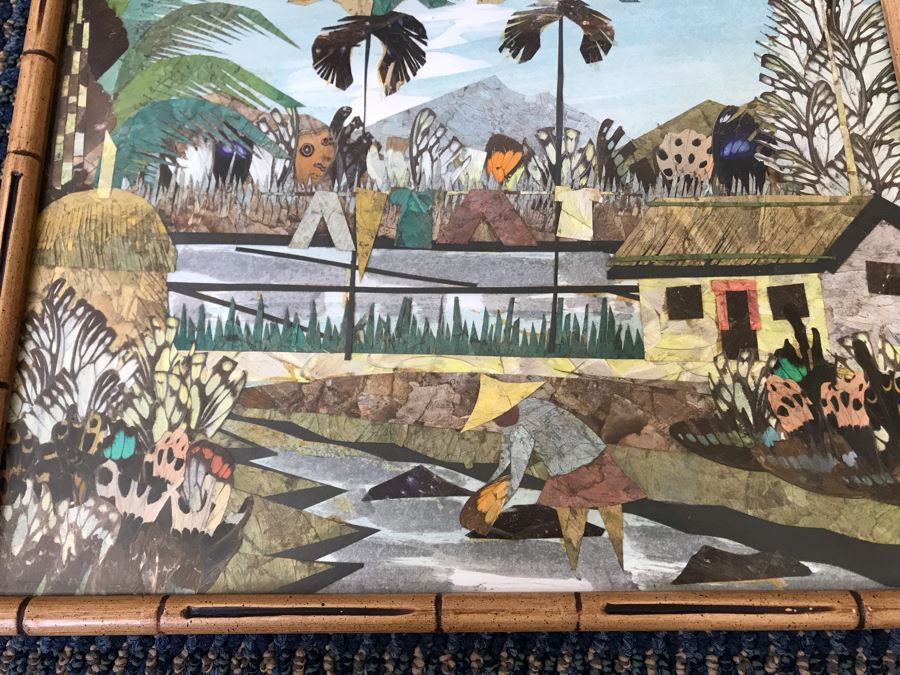 Original Asian Butterfly Wing Collage In Bamboo Style Wooden Frame 14.5'W X 12'H [Photo 3]