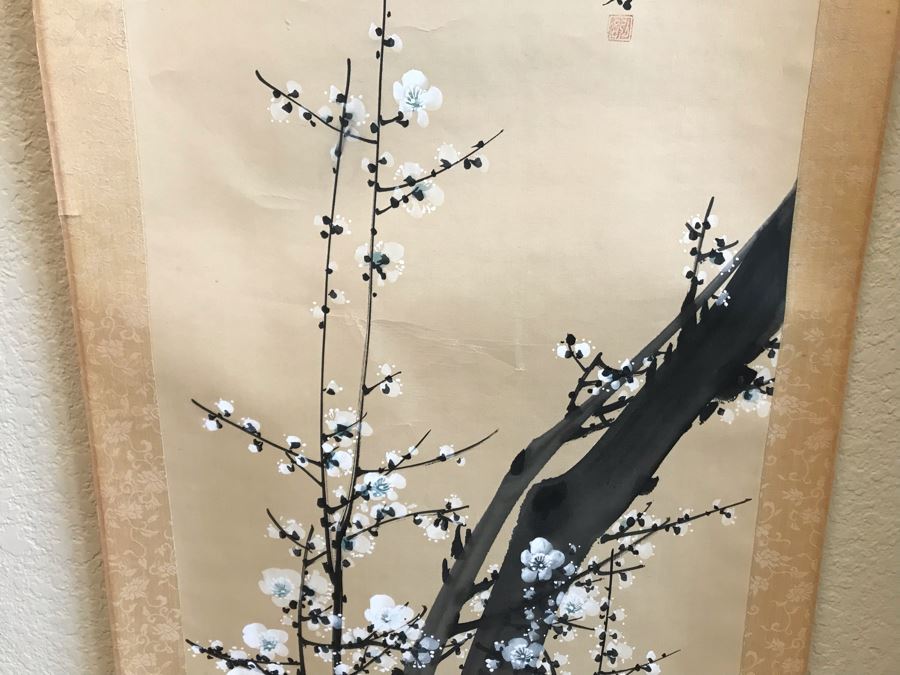 Original Signed Chinese Scroll Painting Floral Scene 70'H X 22'W [Photo 5]