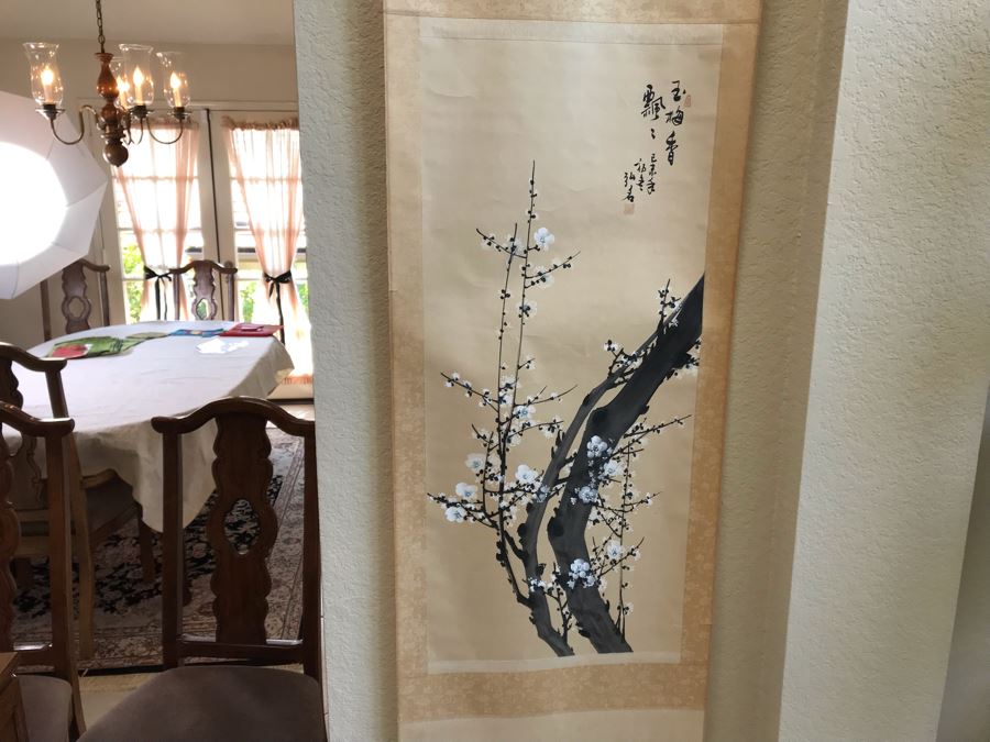 Original Signed Chinese Scroll Painting Floral Scene 70'H X 22'W [Photo 2]