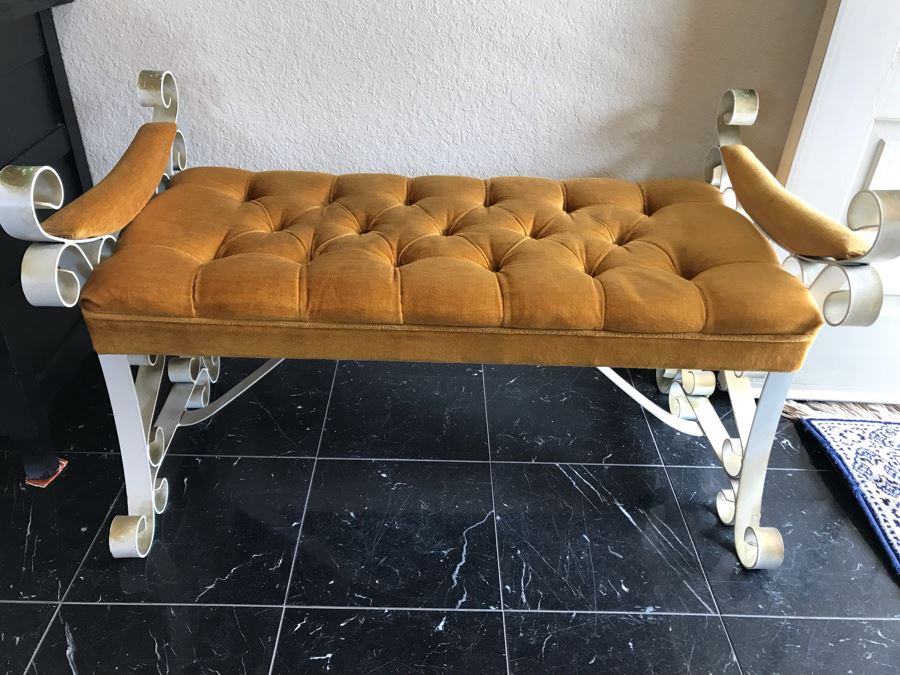 Vintage Tufted Seat Wrought Iron Base Bench 38'W X 20'D [Photo 3]