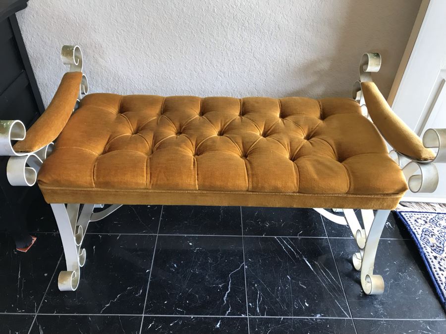 Vintage Tufted Seat Wrought Iron Base Bench 38'W X 20'D [Photo 2]