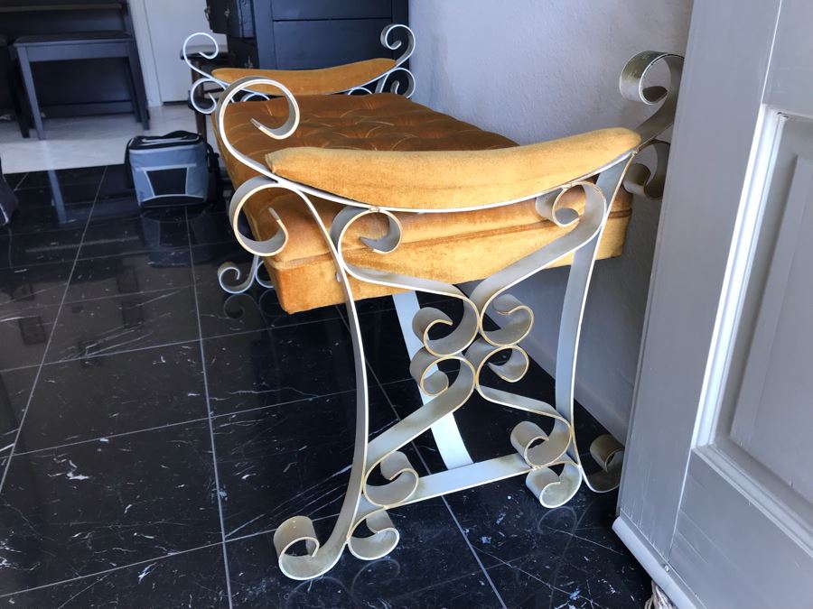 Vintage Tufted Seat Wrought Iron Base Bench 38'W X 20'D [Photo 4]