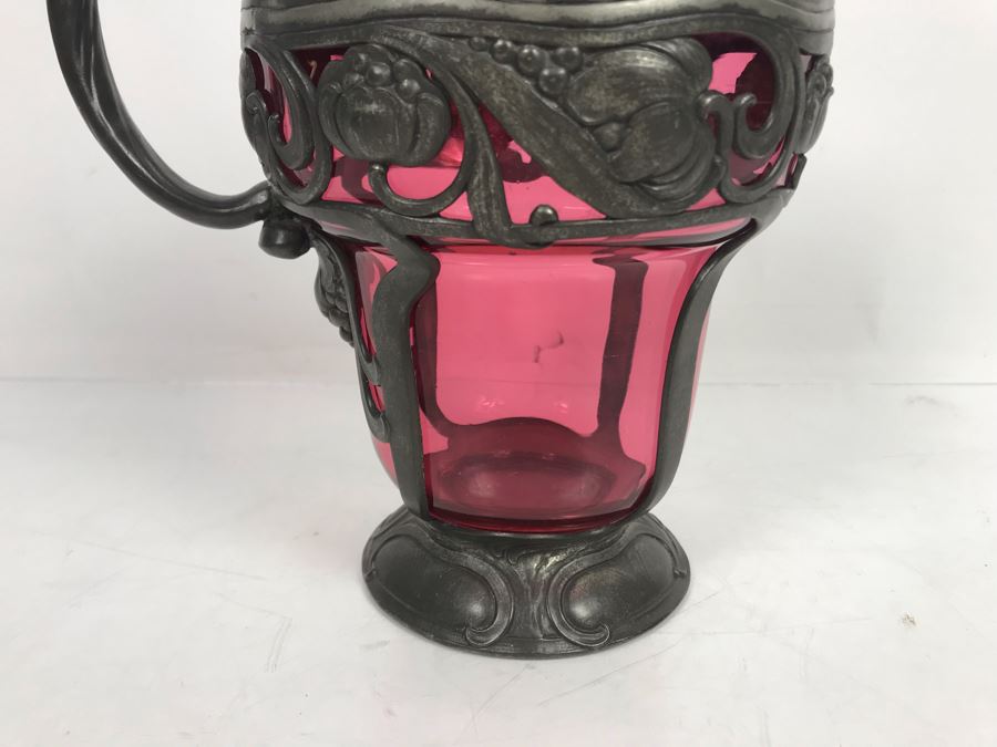 JUST ADDED - Pewter Overlay Ruby Glass Pitcher Featuring Grape Motif With Monkey Perched On Hinged Lid 10'H [Photo 7]