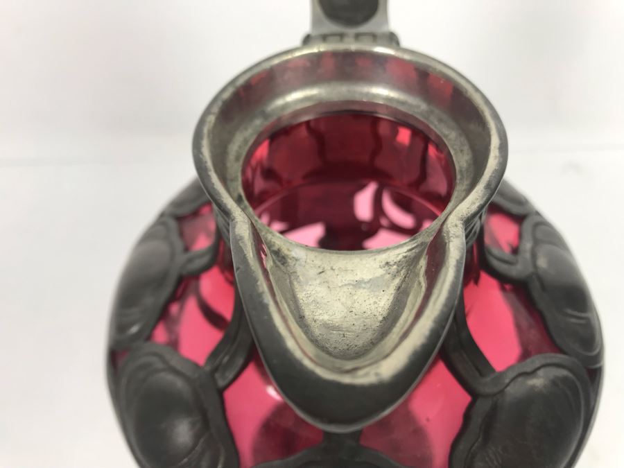 JUST ADDED - Pewter Overlay Ruby Glass Pitcher Featuring Grape Motif With Monkey Perched On Hinged Lid 10'H [Photo 11]