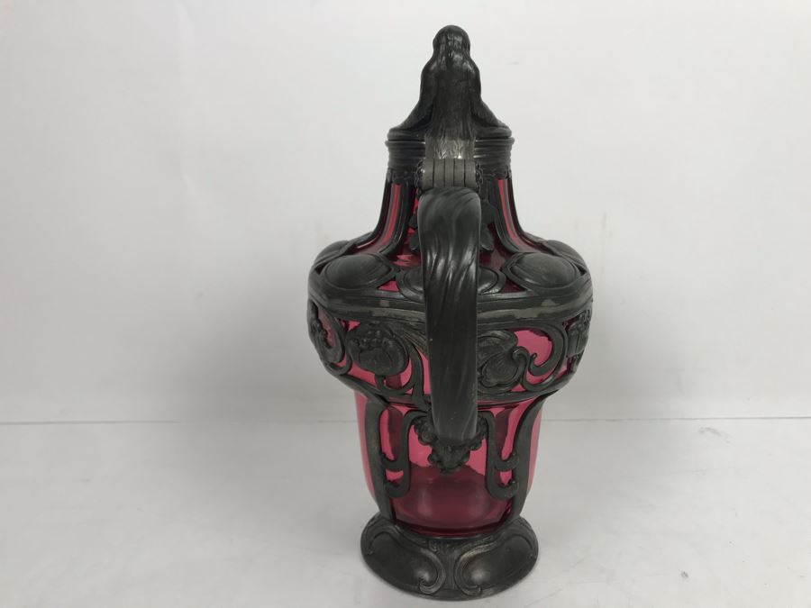 JUST ADDED - Pewter Overlay Ruby Glass Pitcher Featuring Grape Motif With Monkey Perched On Hinged Lid 10'H [Photo 8]