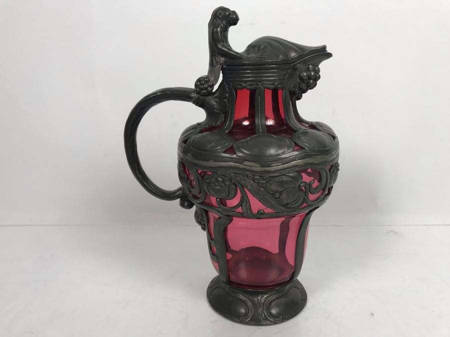 JUST ADDED - Pewter Overlay Ruby Glass Pitcher Featuring Grape Motif With Monkey Perched On Hinged Lid 10'H [Photo 4]