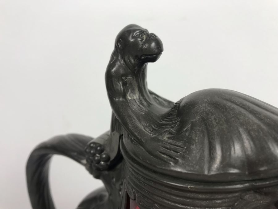 JUST ADDED - Pewter Overlay Ruby Glass Pitcher Featuring Grape Motif With Monkey Perched On Hinged Lid 10'H [Photo 3]