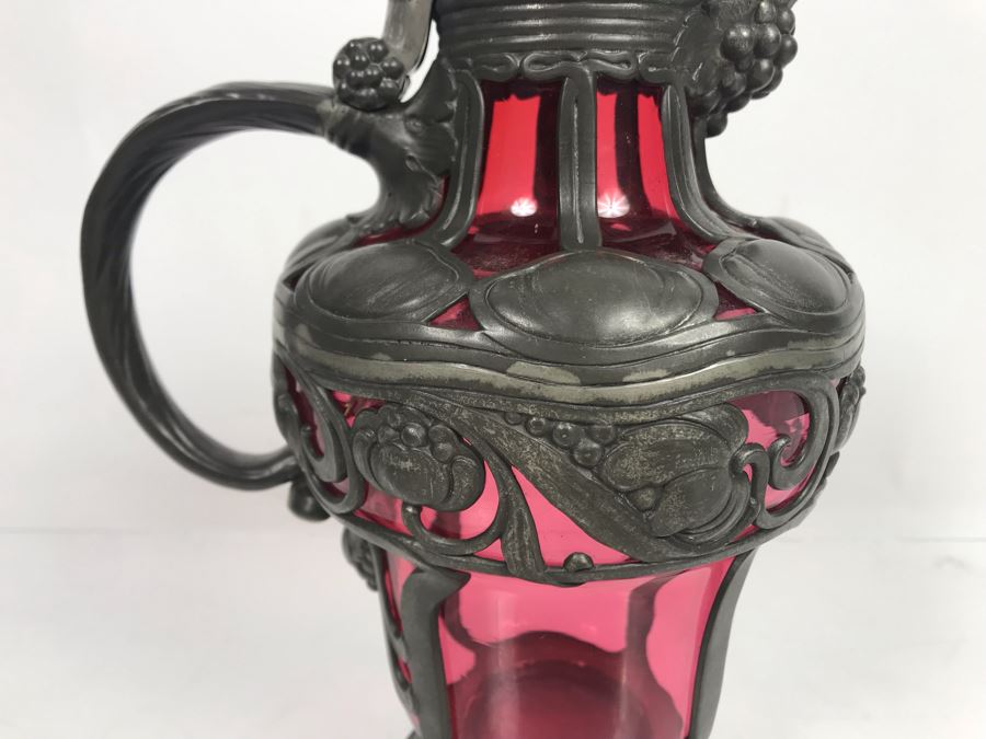JUST ADDED - Pewter Overlay Ruby Glass Pitcher Featuring Grape Motif With Monkey Perched On Hinged Lid 10'H [Photo 6]