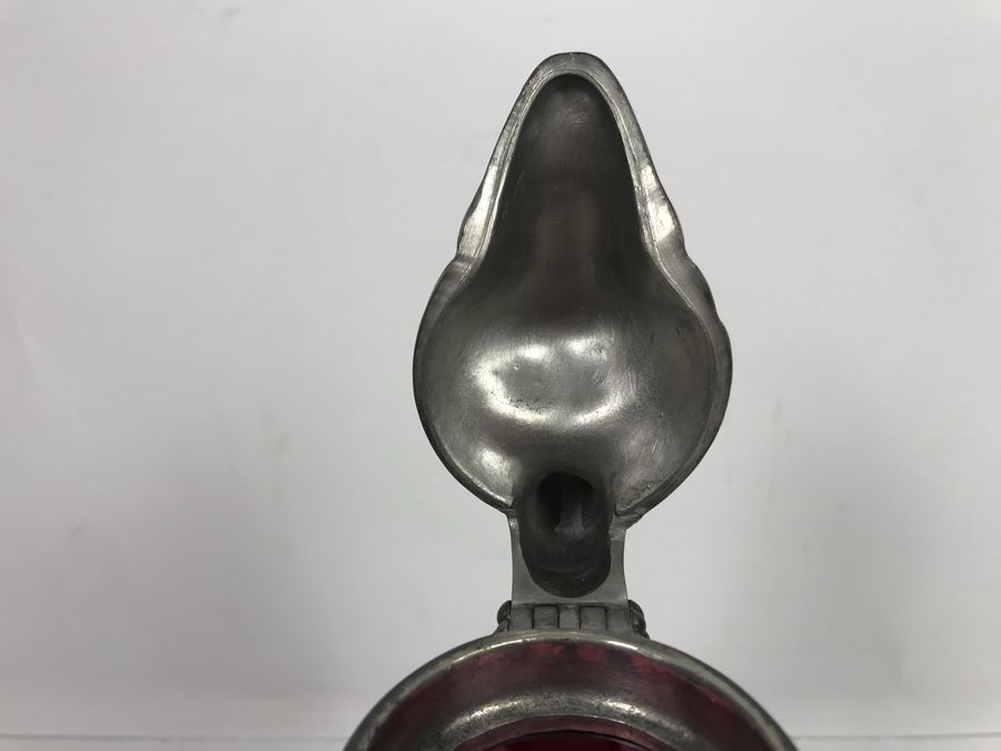 JUST ADDED - Pewter Overlay Ruby Glass Pitcher Featuring Grape Motif With Monkey Perched On Hinged Lid 10'H [Photo 12]