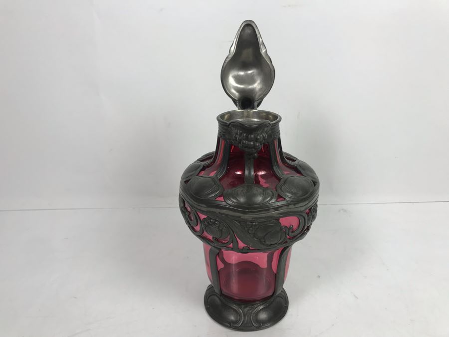JUST ADDED - Pewter Overlay Ruby Glass Pitcher Featuring Grape Motif With Monkey Perched On Hinged Lid 10'H [Photo 10]