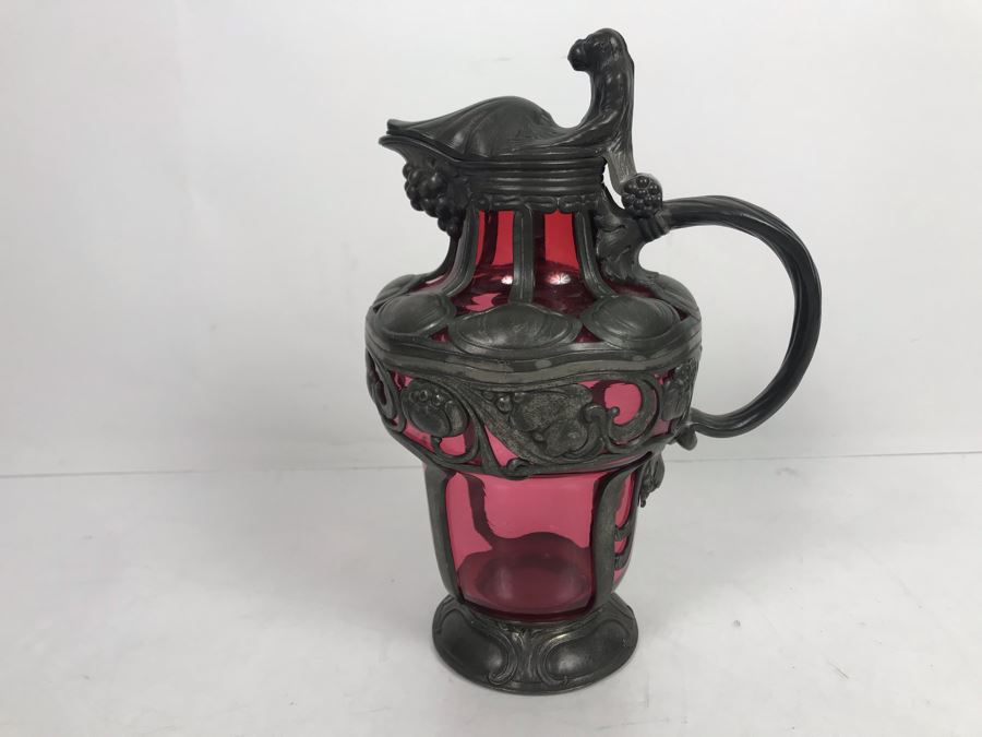 JUST ADDED - Pewter Overlay Ruby Glass Pitcher Featuring Grape Motif With Monkey Perched On Hinged Lid 10'H [Photo 9]