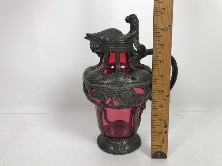 JUST ADDED - Pewter Overlay Ruby Glass Pitcher Featuring Grape Motif With Monkey Perched On Hinged Lid 10'H [Photo 15]